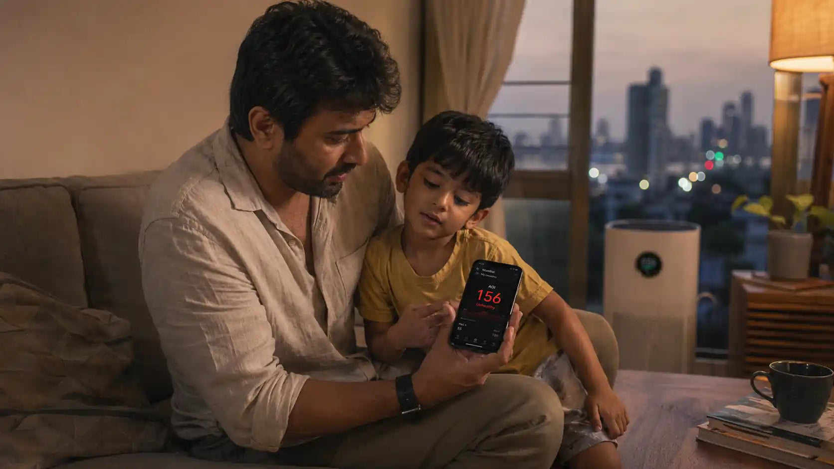 Man and child sitting on a couch looking at a smartphone with a cityscape in the background
