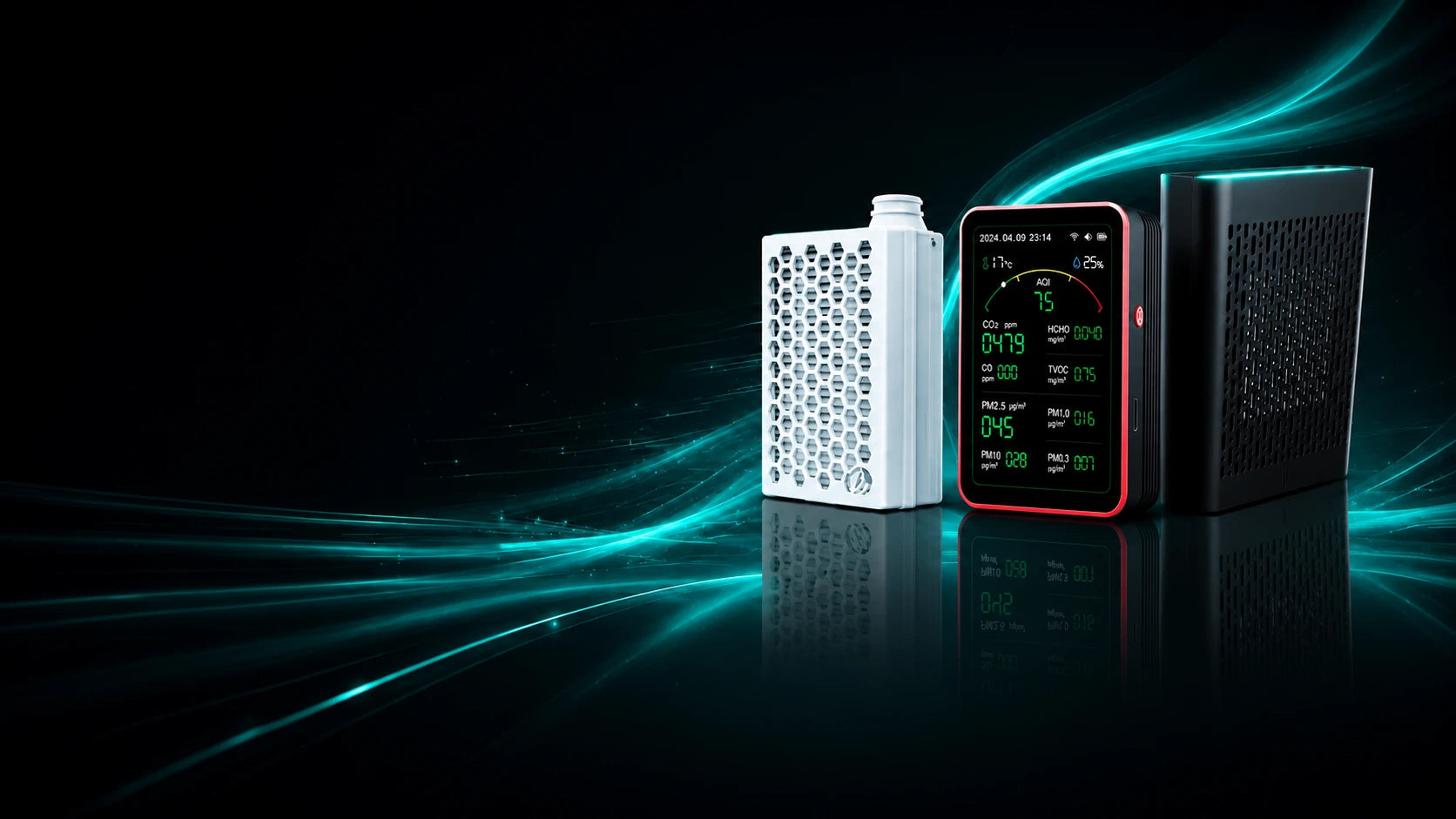 Three KYOAIR Air Purifiers on a dark background with glowing blue lines