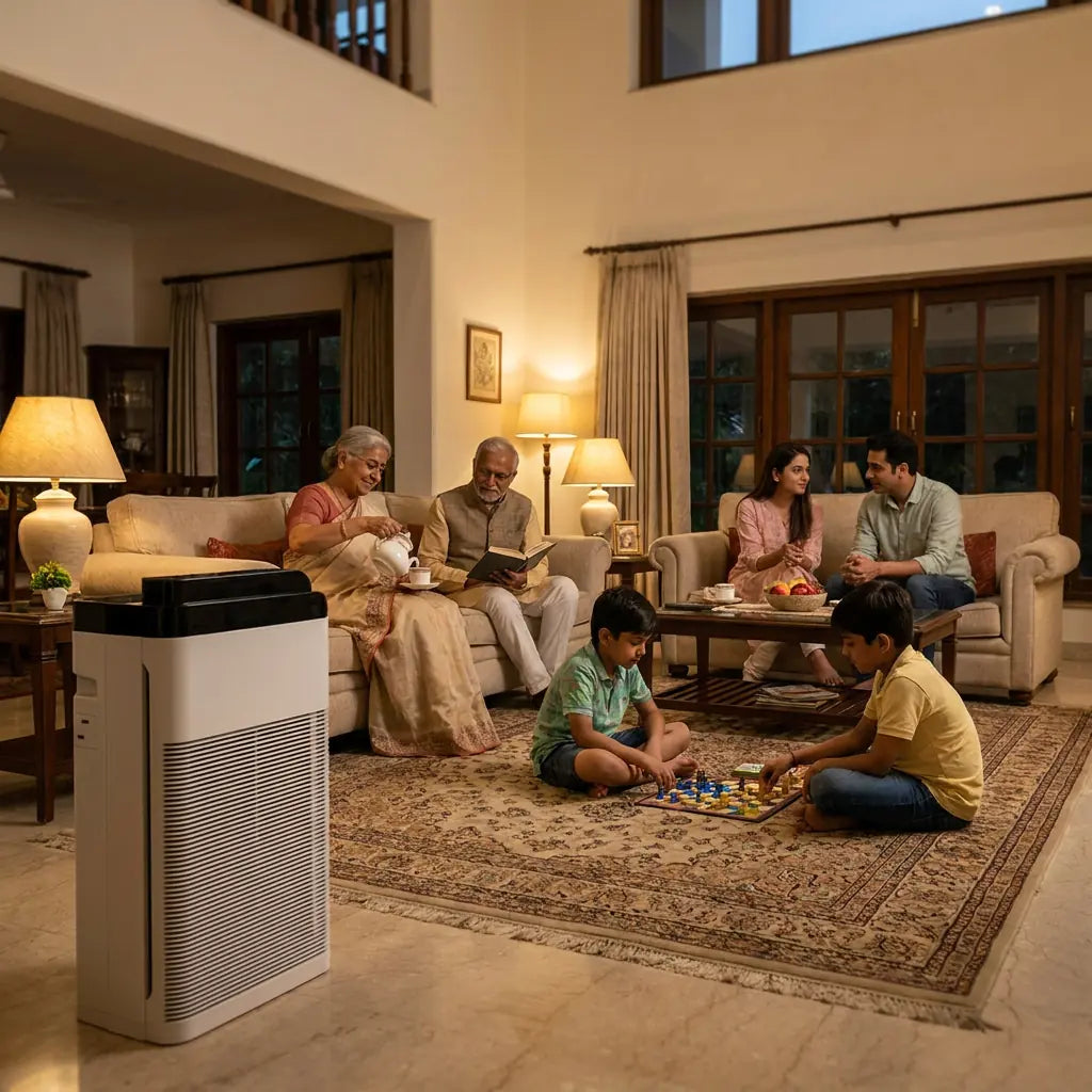 A white and black TITAN air purifier stands in the foreground of a warmly lit living room where a family and grandparents are gathered on a large patterned rug.