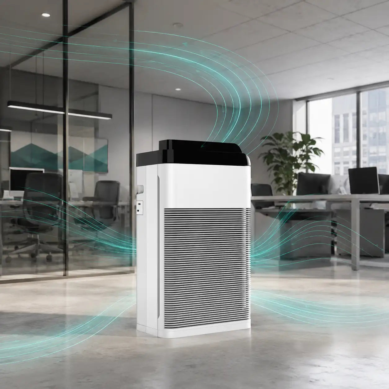 TITAN air purifier in an office setting with visual airflow effects