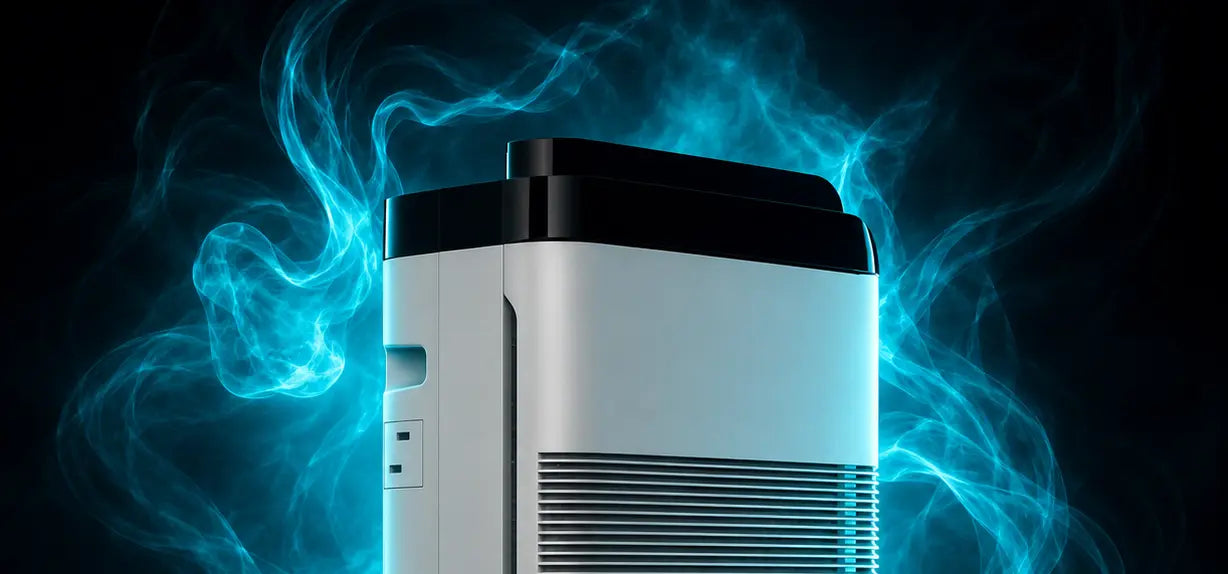 A white TITAN air purifier shown from the side, with glowing blue smoke effects against a dark background.