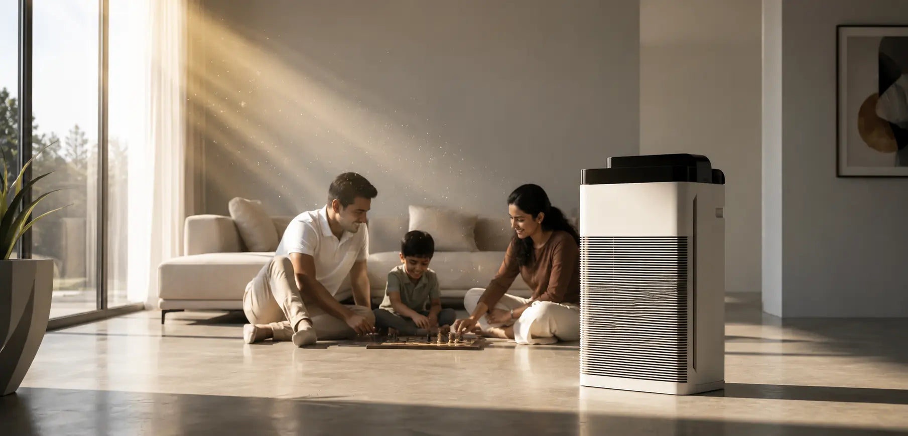 Family playing on the floor with a modern air purifier in the foreground