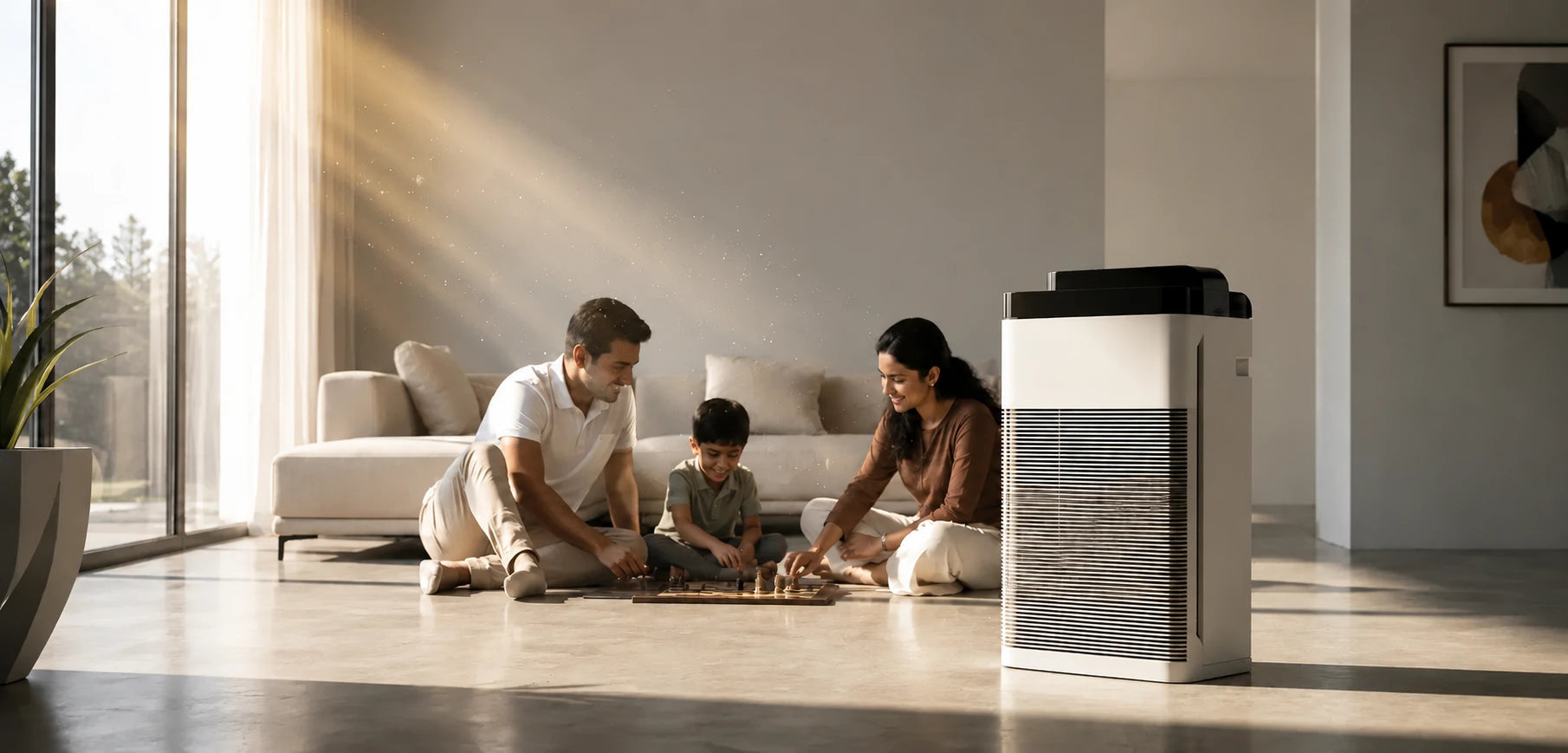 Family playing on the floor with a modern air purifier in the foreground