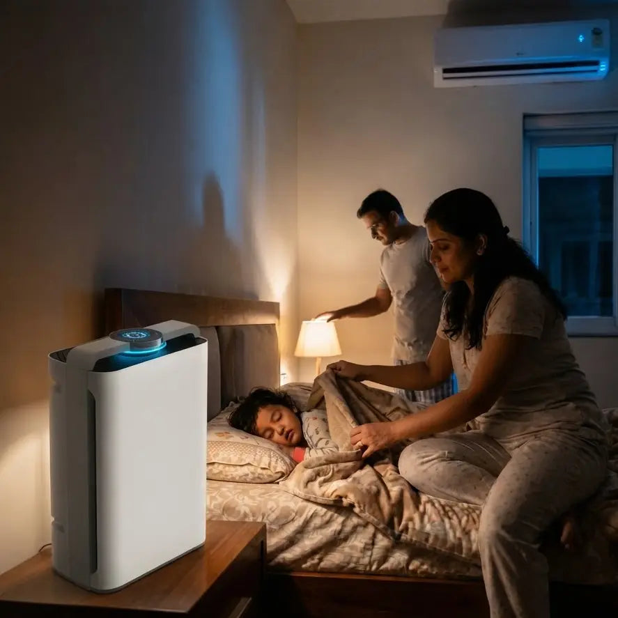 A white smart ATMOS air purifier with a blue light indicator sits on a bedside table in a dimly lit bedroom, while a man and woman are awake in bed nearby.