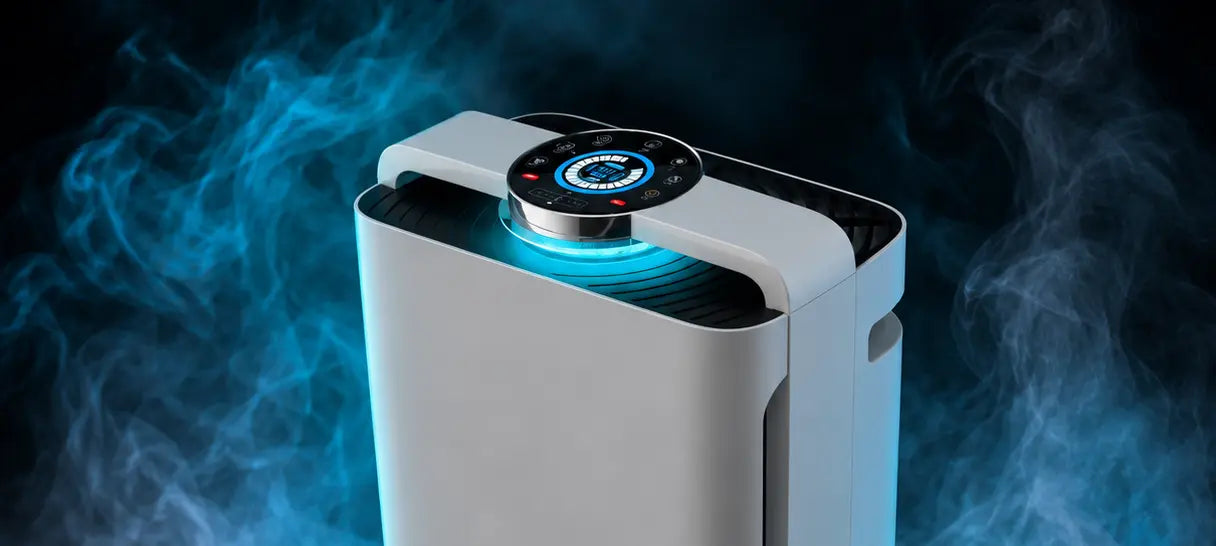 A white ATMOS air purifier with a circular digital display on top, shown against a dark background with blue smoke effects.