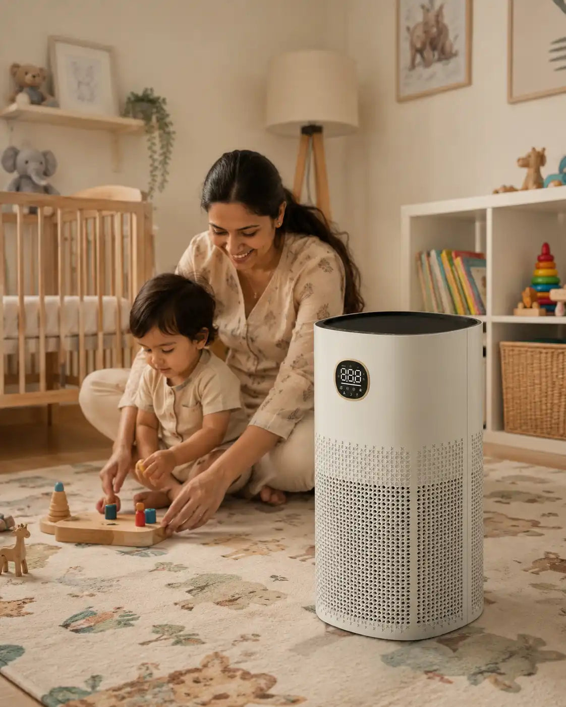 Woman and child playing on a rug with a BIOGUARD air purifier in the foreground