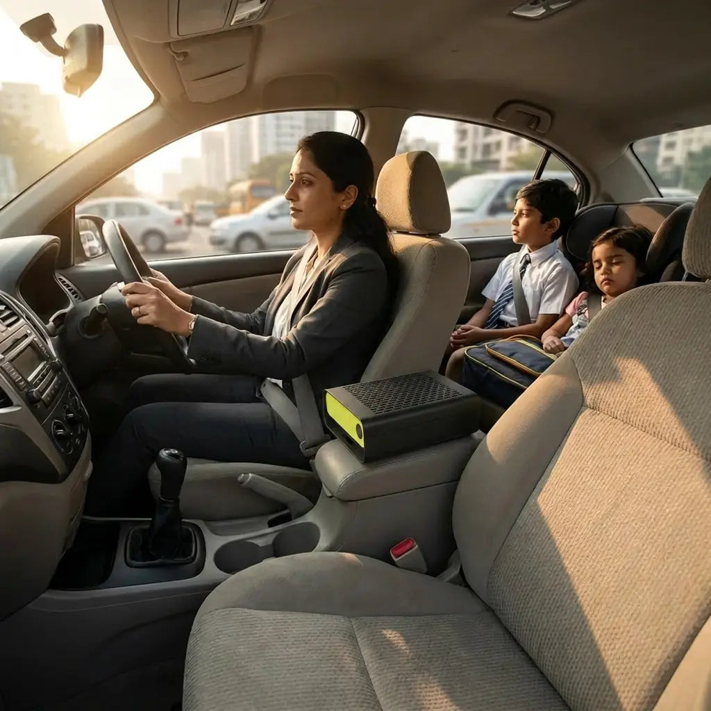 A woman driving a car with two children in the back seat, showing a DRIVE car air purifier mounted on the center console.