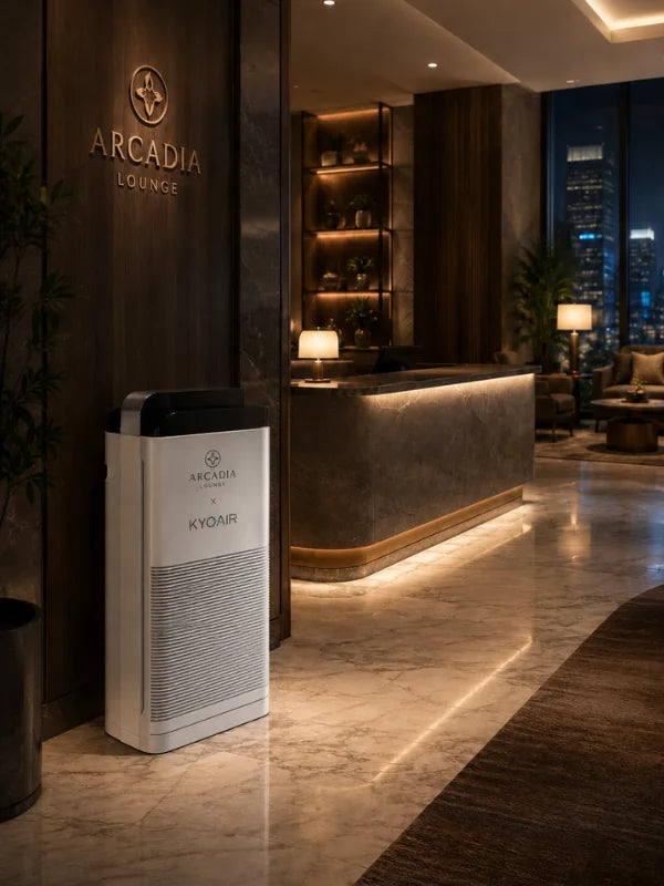 Air purifier with custom branding in a luxurious lounge setting