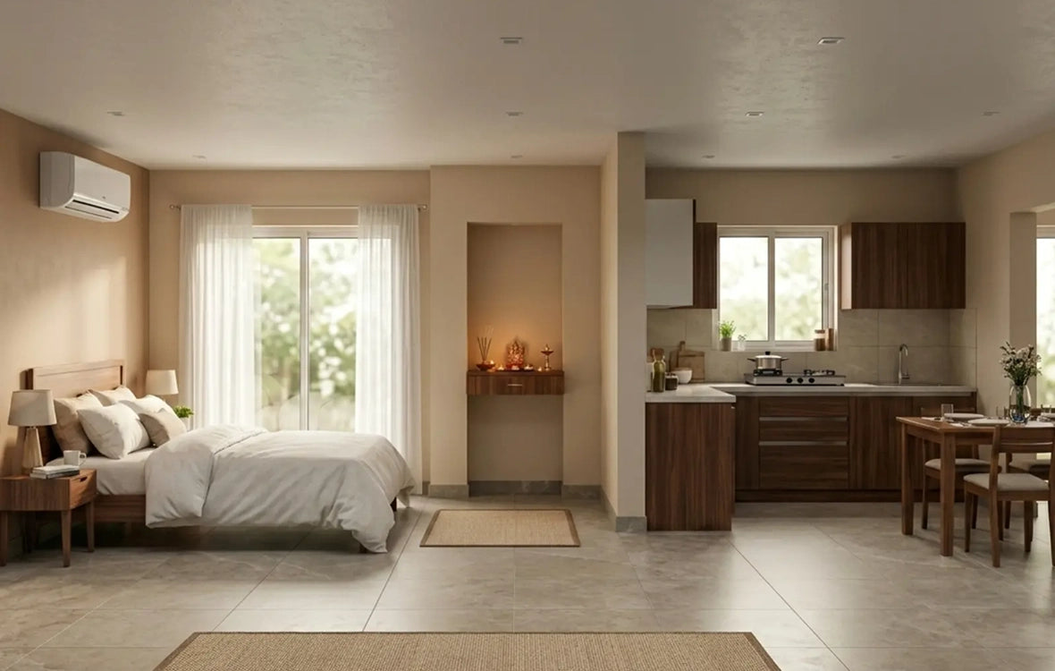Modern bedroom with a view into a kitchen.
