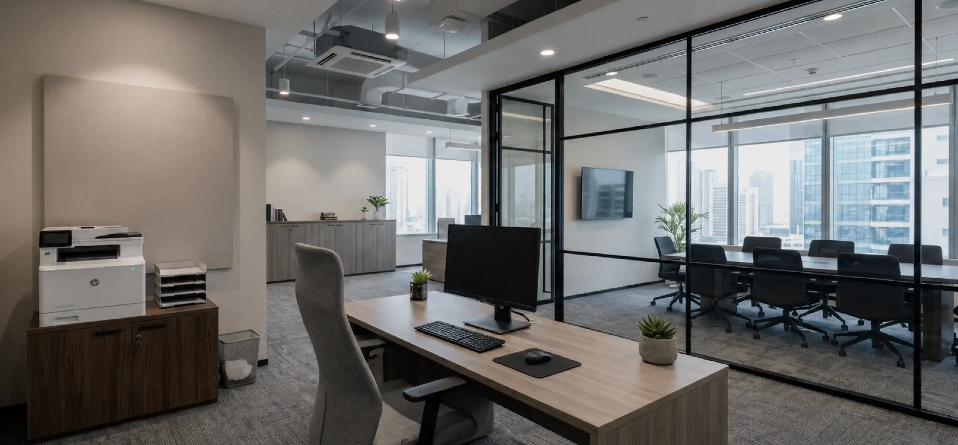 A modern office interior with a light wood desk, black computer monitor, gray office chair, glass partition walls, and a meeting room area with a conference table and chairs. No people are present.
