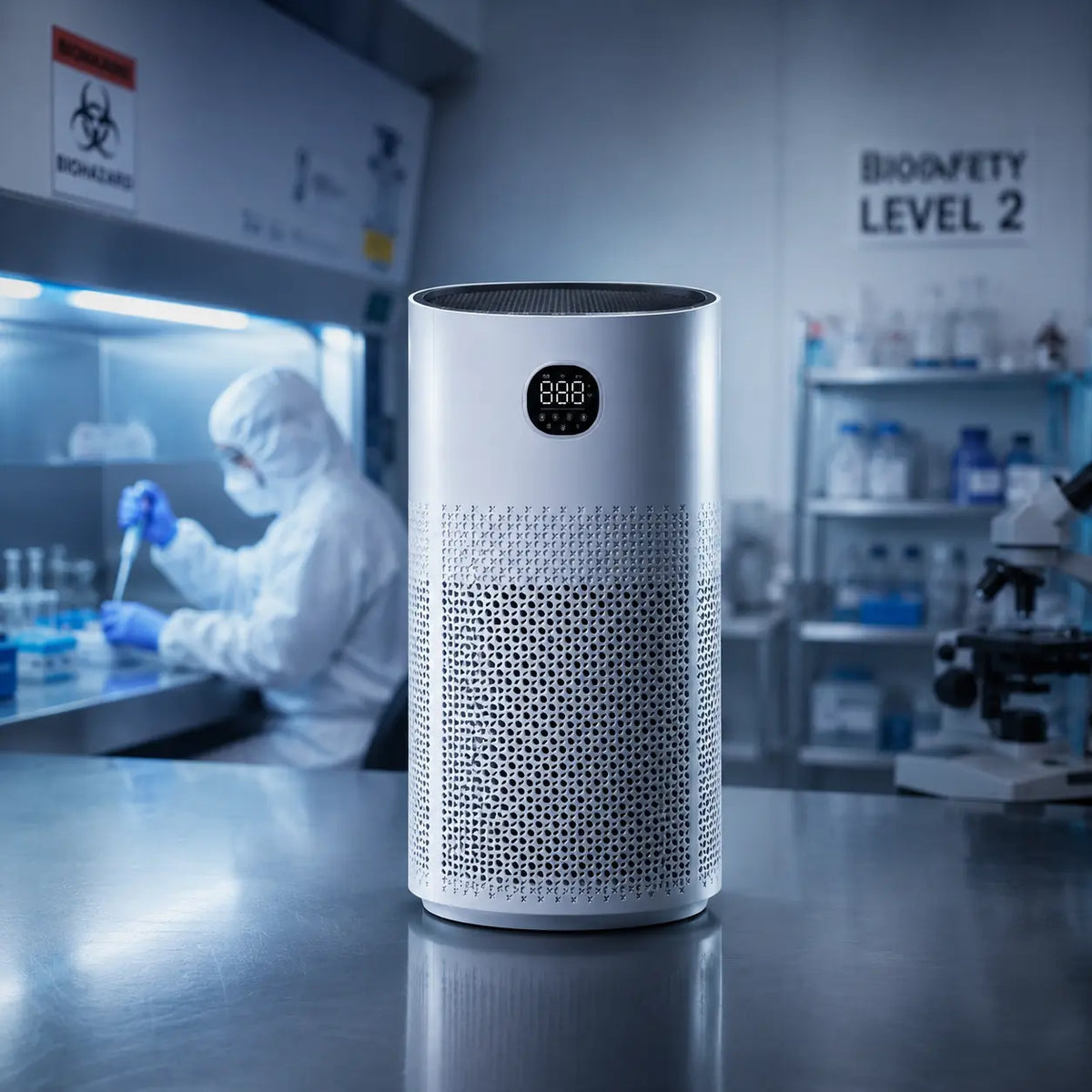 Air purifier on a table in a laboratory setting with a person in protective gear working in the background.