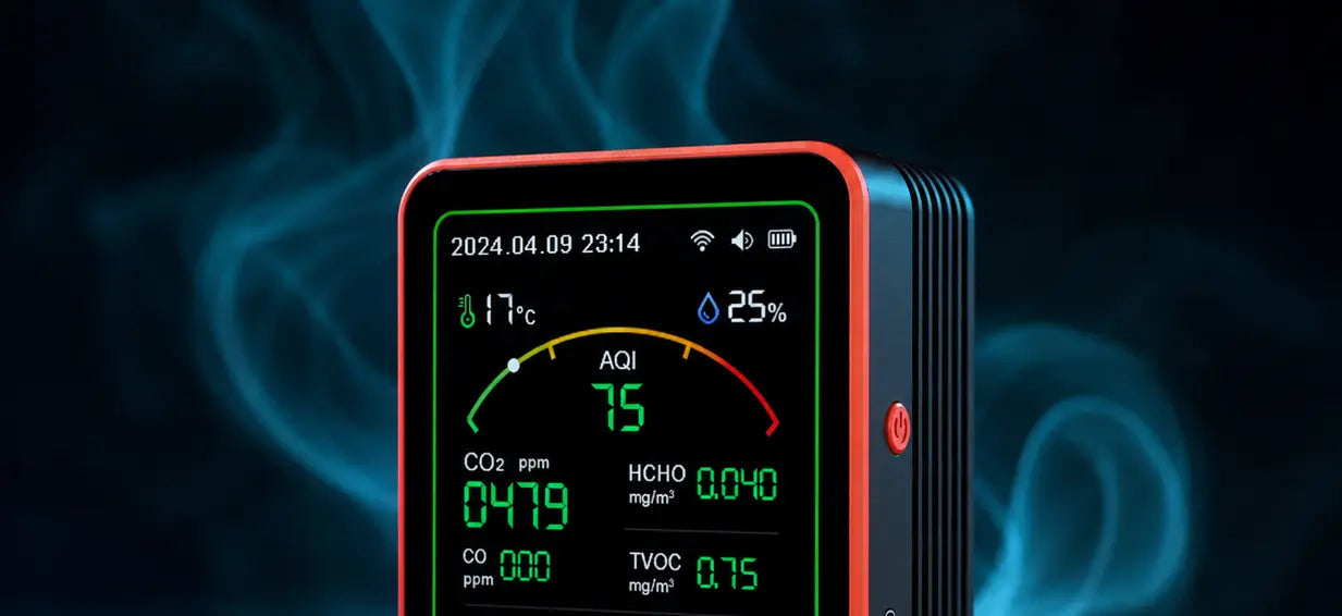 A handheld gas detector or monitor with a red-orange frame and a black screen displaying CO2, HCHO, TVOC, and other metrics, set against a dark smoky blue background.