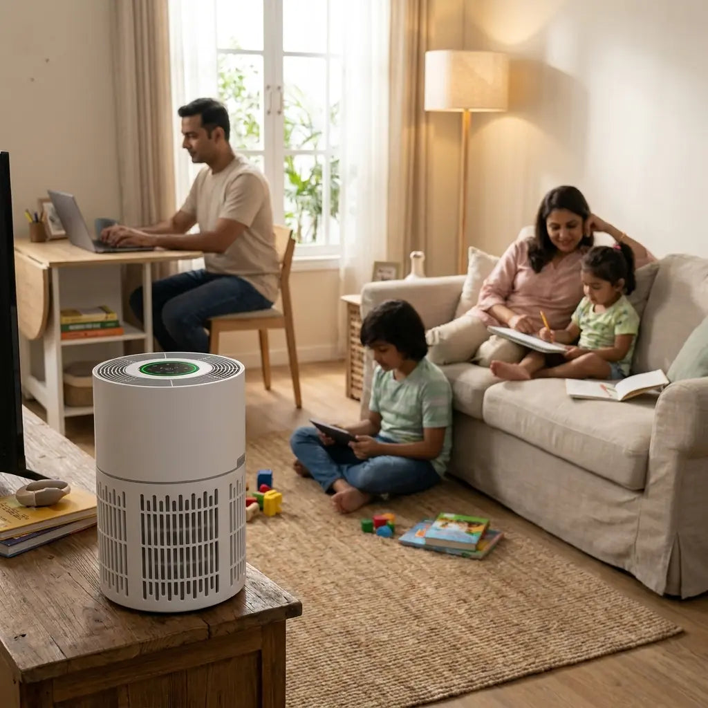VORTEX air purifier sits on a wooden table in a cozy living room, with a family relaxing on a beige sofa in the background.