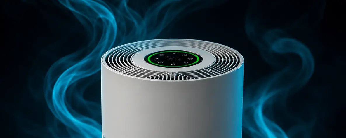 VORTEX air purifier with a circular digital display on top, shown against a dark background with glowing blue smoke effects.